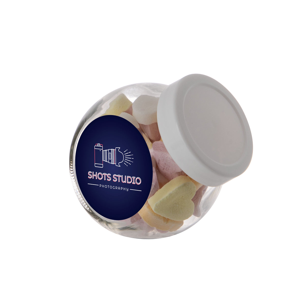 Mini glazen potje van 0,2 liter met wit deksel, gevuld met snoep en sticker met logo: Vruchtenhartjes / Wit