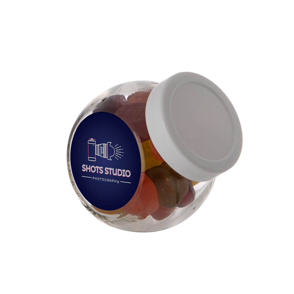 Mini glazen potje van 0,2 liter met wit deksel, gevuld met snoep en sticker met logo: Winegums / Wit