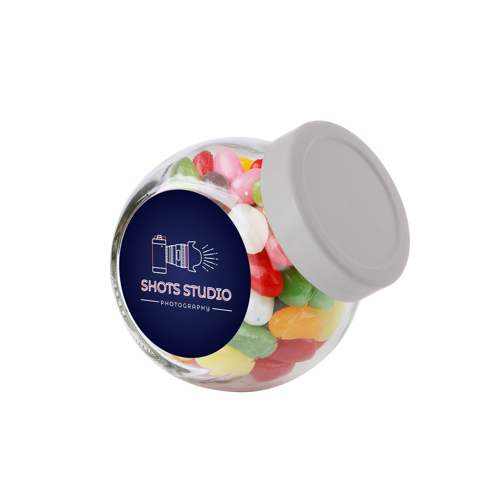 Mini glazen potje van 0,2 liter met wit deksel, gevuld met snoep en sticker met logo: Jelly beans / Wit