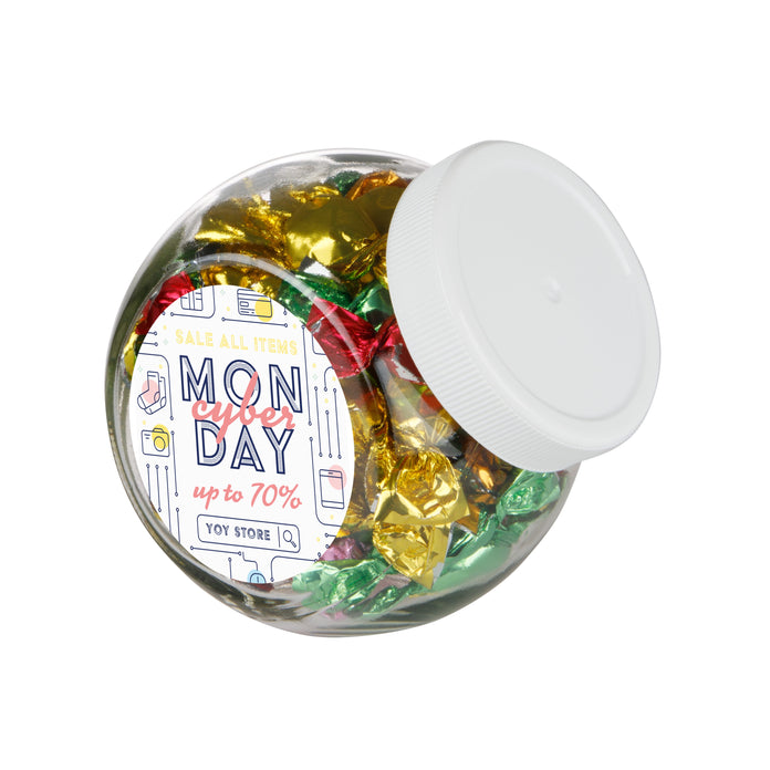 Klein glazen snoeppotje van 0,4 liter met wit deksel, gevuld met snoep en met een ronde logosticker op de zijkant: Metallic sweets / Wit