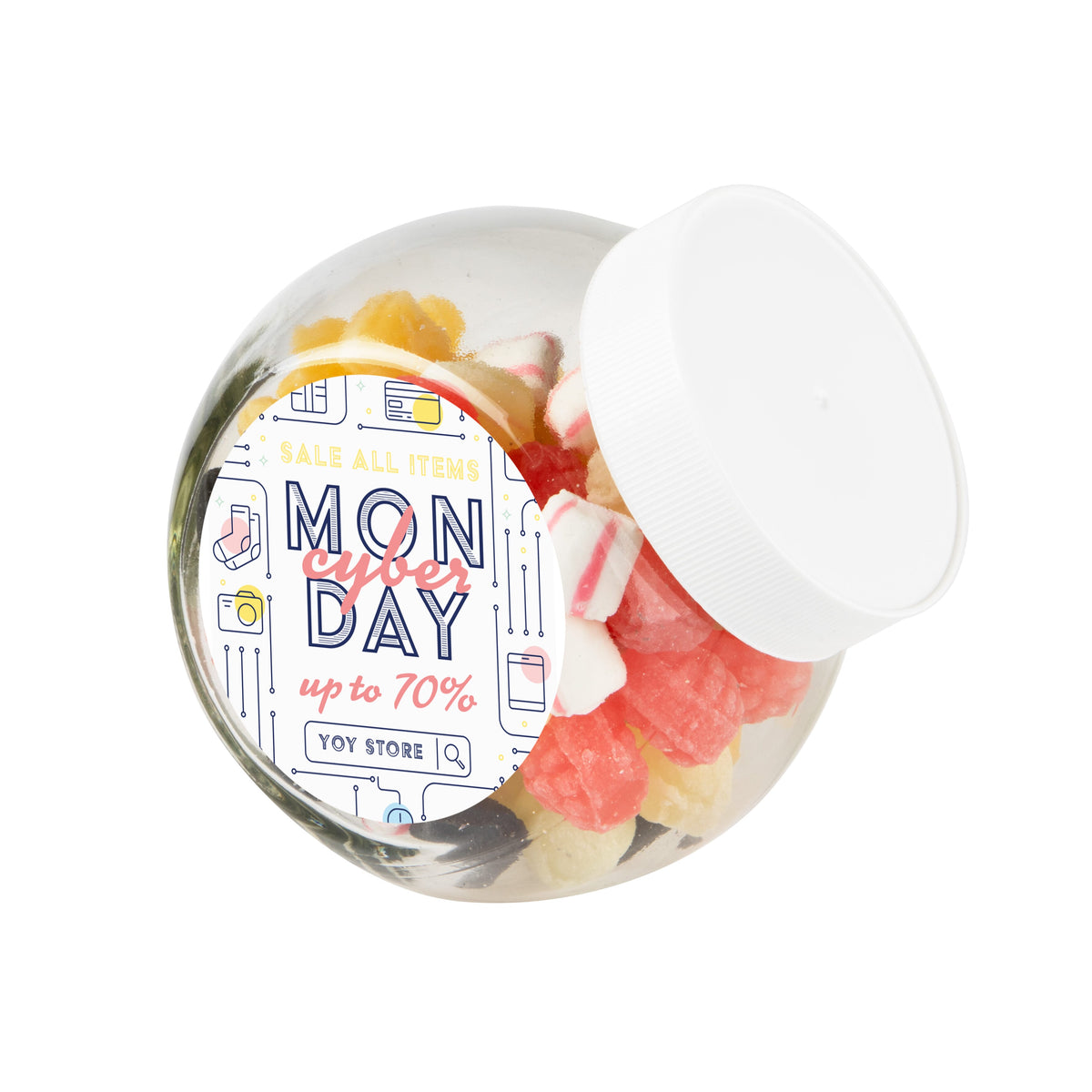 Klein glazen snoeppotje van 0,4 liter met wit deksel, gevuld met snoep en met een ronde logosticker op de zijkant: Oud Hollandse mix / Wit