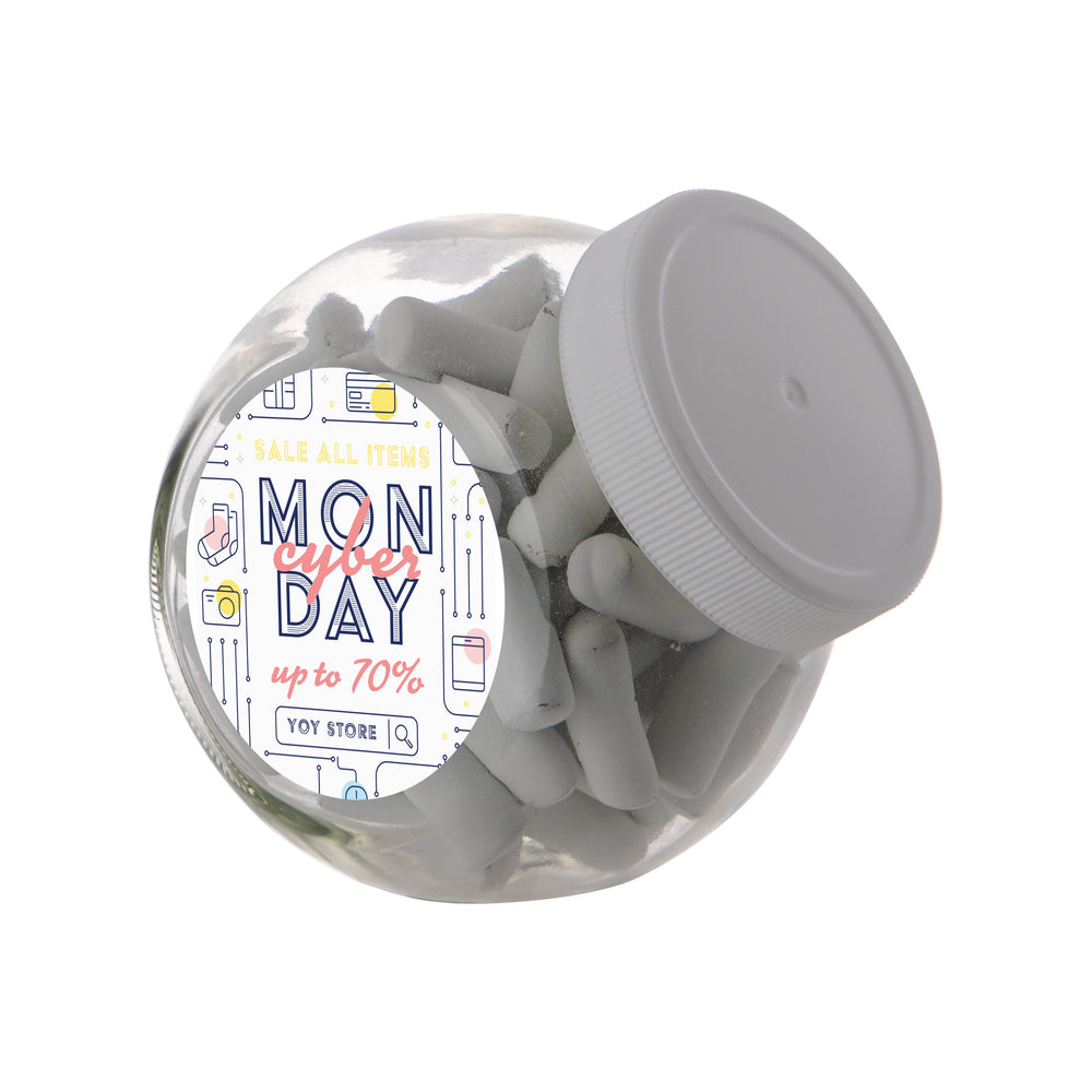 Klein glazen snoeppotje van 0,4 liter met wit deksel, gevuld met snoep en met een ronde logosticker op de zijkant: Schoolkrijt / Wit