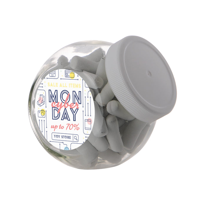 Klein glazen snoeppotje van 0,4 liter met wit deksel, gevuld met snoep en met een ronde logosticker op de zijkant: Schoolkrijt / Wit