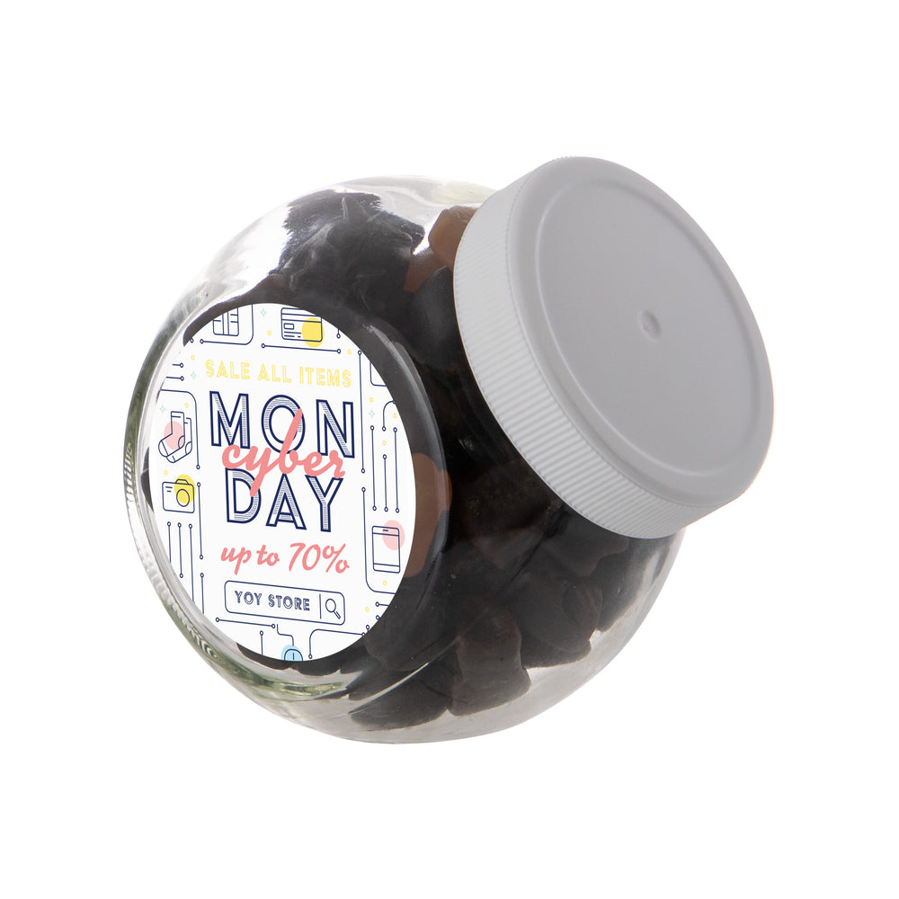 Klein glazen snoeppotje van 0,4 liter met wit deksel, gevuld met snoep en met een ronde logosticker op de zijkant: Gemengd Drop / Wit