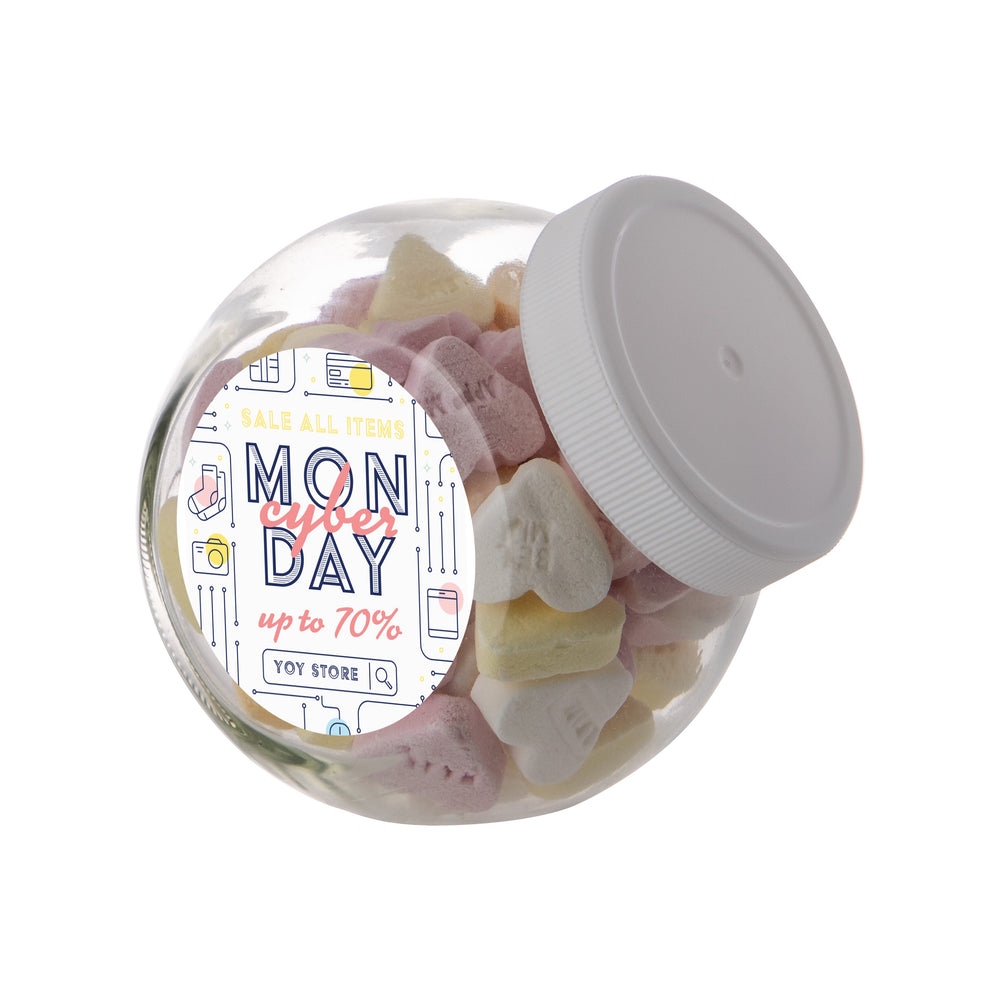 Klein glazen snoeppotje van 0,4 liter met wit deksel, gevuld met snoep en met een ronde logosticker op de zijkant: Vruchtenhartjes / Wit
