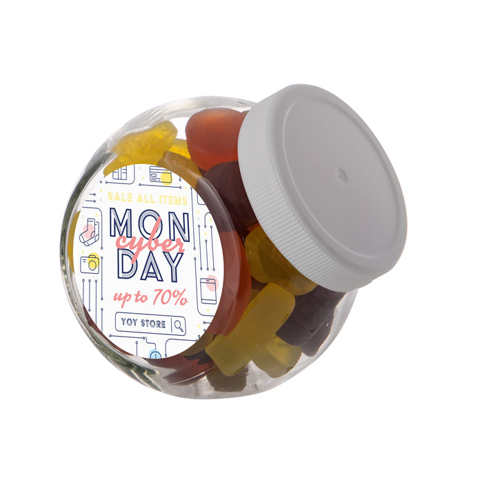 Klein glazen snoeppotje van 0,4 liter met wit deksel, gevuld met snoep en met een ronde logosticker op de zijkant: Winegums / Wit
