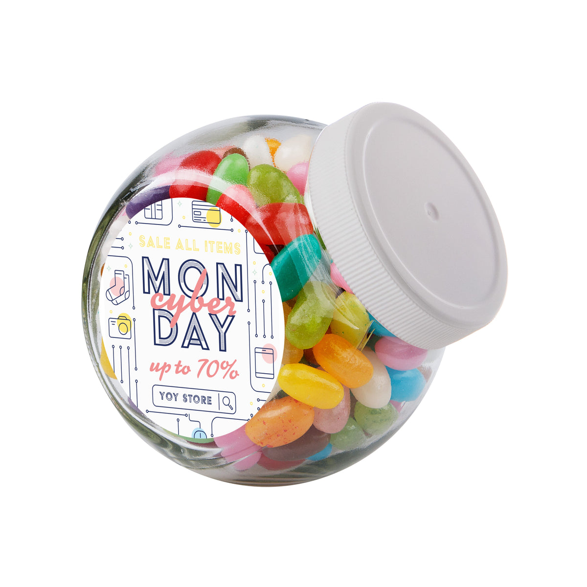 Klein glazen snoeppotje van 0,4 liter met wit deksel, gevuld met snoep en met een ronde logosticker op de zijkant: Jelly beans / Wit