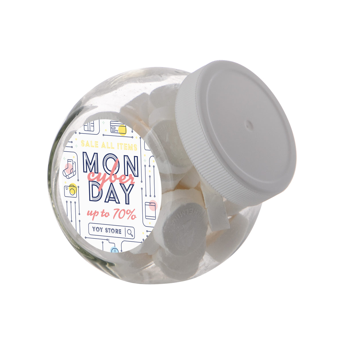 Klein glazen snoeppotje van 0,4 liter met wit deksel, gevuld met snoep en met een ronde logosticker op de zijkant: Wilhelmina pepermunt / Wit