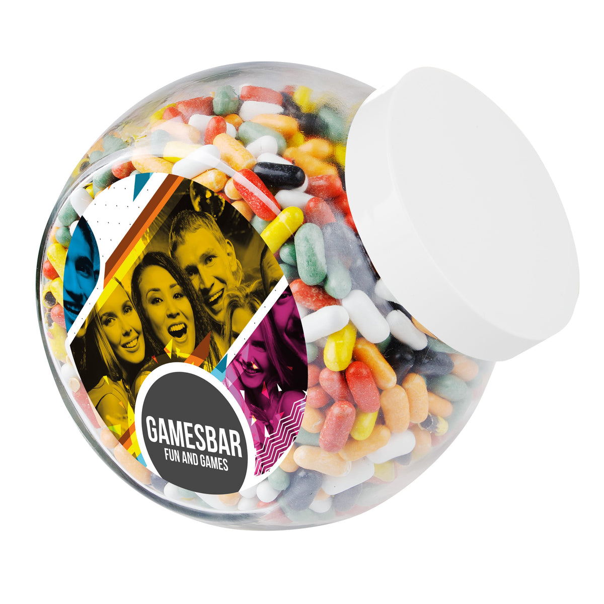 Grote glazen snoeppot van 2 liter met wit deksel, gevuld met snoep en met een ronde sticker met logo
