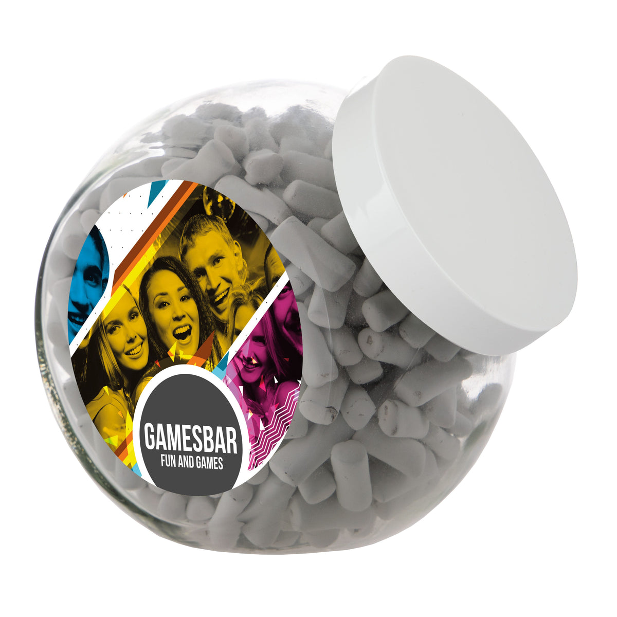 Grote glazen snoeppot van 2 liter met wit deksel, gevuld met snoep en met een ronde sticker met logo: Schoolkrijt / Wit