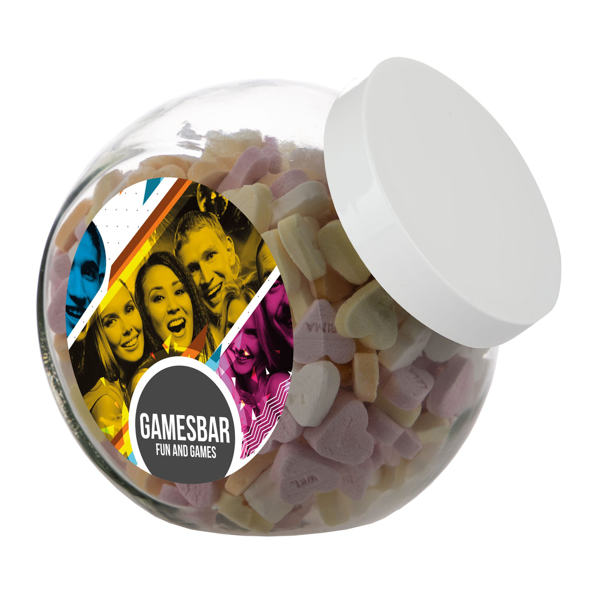 Grote glazen snoeppot van 2 liter met wit deksel, gevuld met snoep en met een ronde sticker met logo: Vruchtenhartjes / Wit