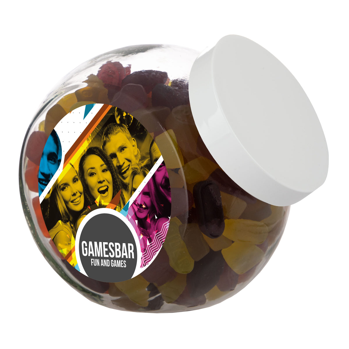 Grote glazen snoeppot van 2 liter met wit deksel, gevuld met snoep en met een ronde sticker met logo: Winegums / Wit
