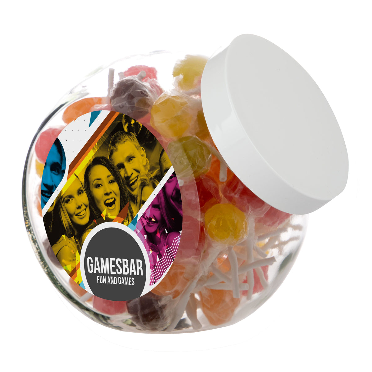 Grote glazen snoeppot van 2 liter met wit deksel, gevuld met snoep en met een ronde sticker met logo: Lolly mix / Wit