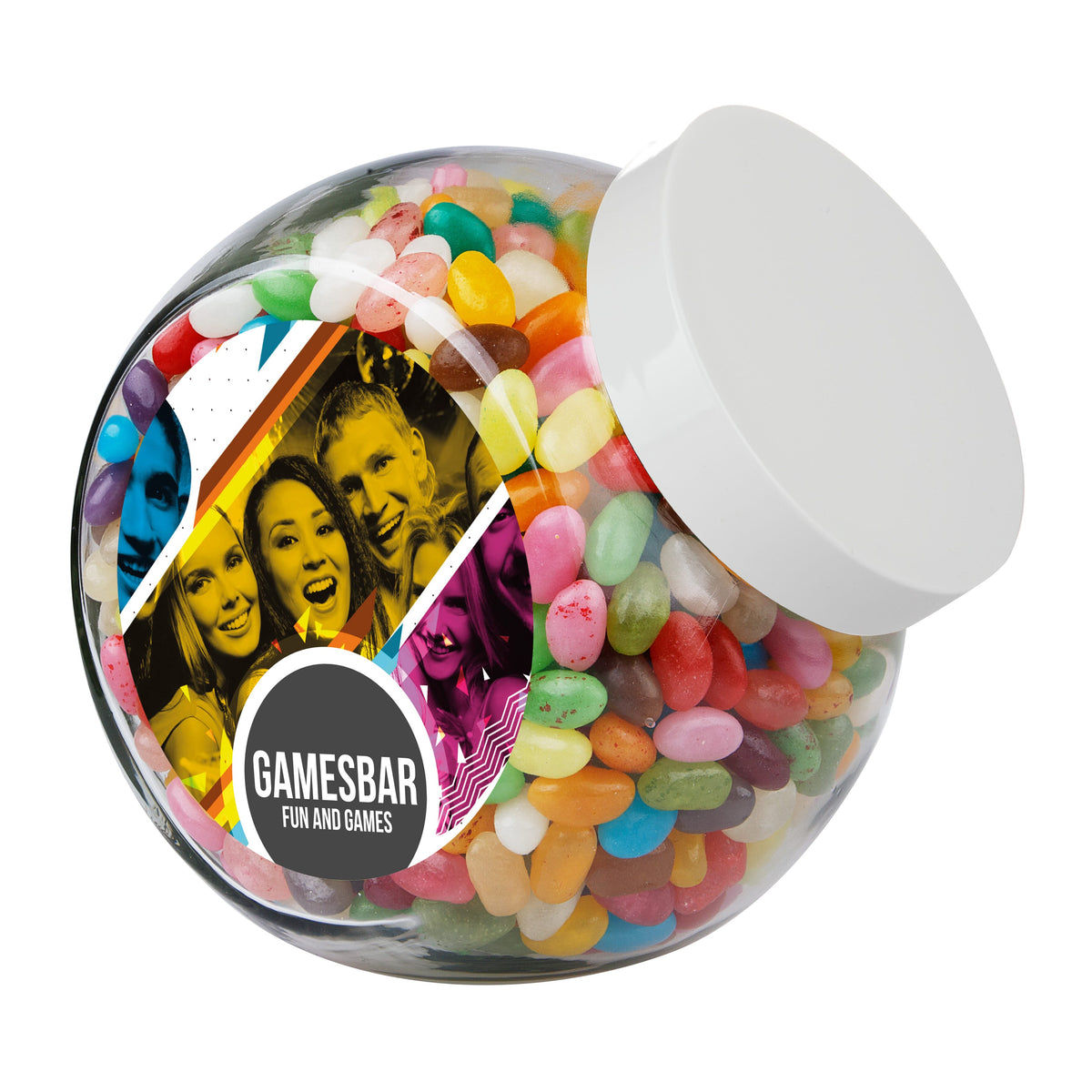 Grote glazen snoeppot van 2 liter met wit deksel, gevuld met snoep en met een ronde sticker met logo: Jelly beans / Wit