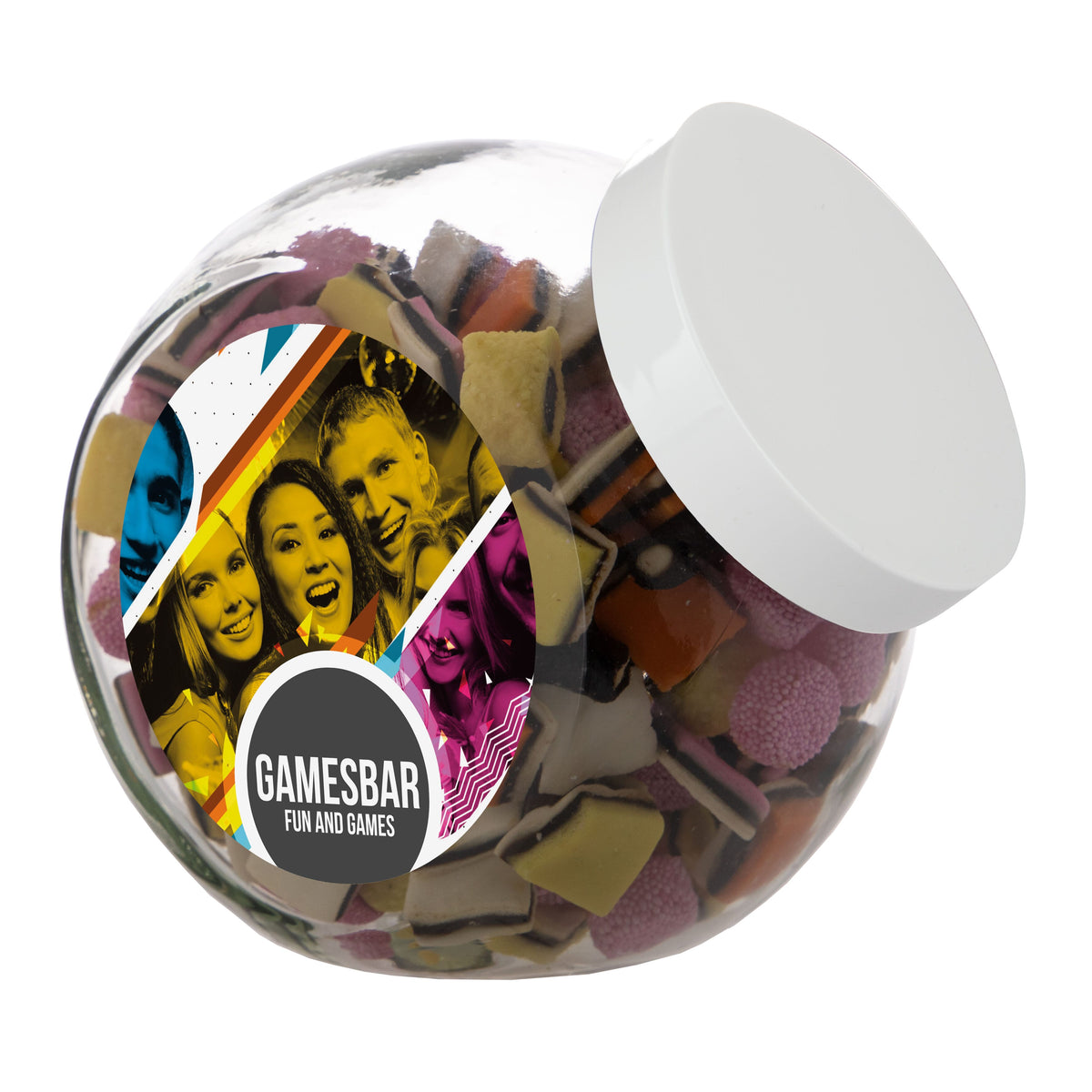 Grote glazen snoeppot van 2 liter met wit deksel, gevuld met snoep en met een ronde sticker met logo: Engels drop / Wit