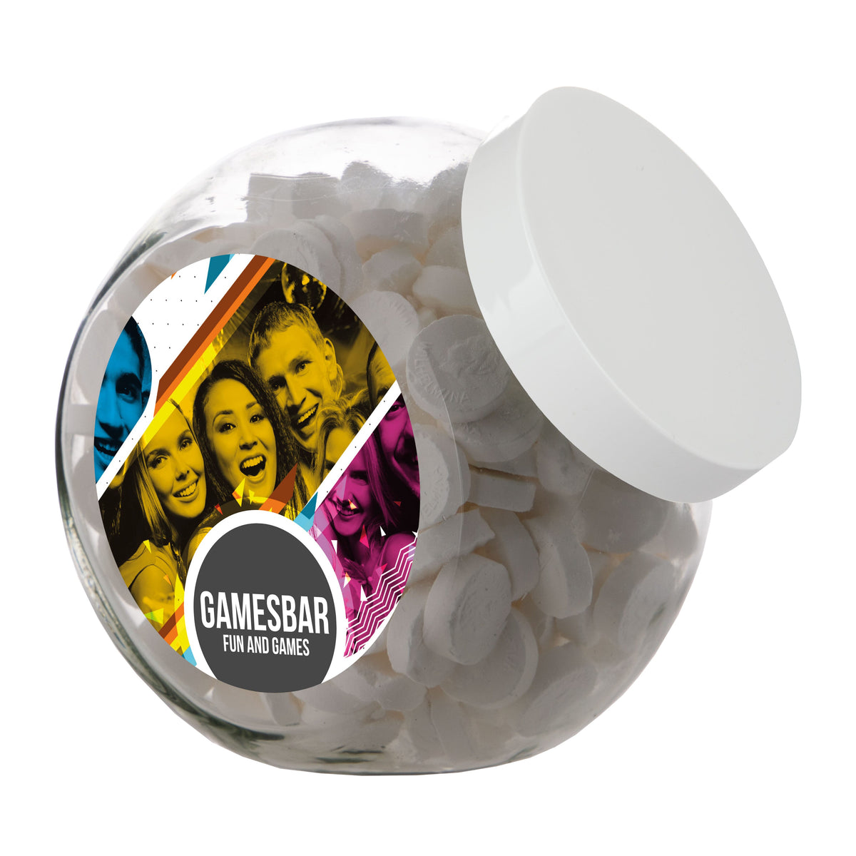 Grote glazen snoeppot van 2 liter met wit deksel, gevuld met snoep en met een ronde sticker met logo: Wilhelmina pepermunt / Wit