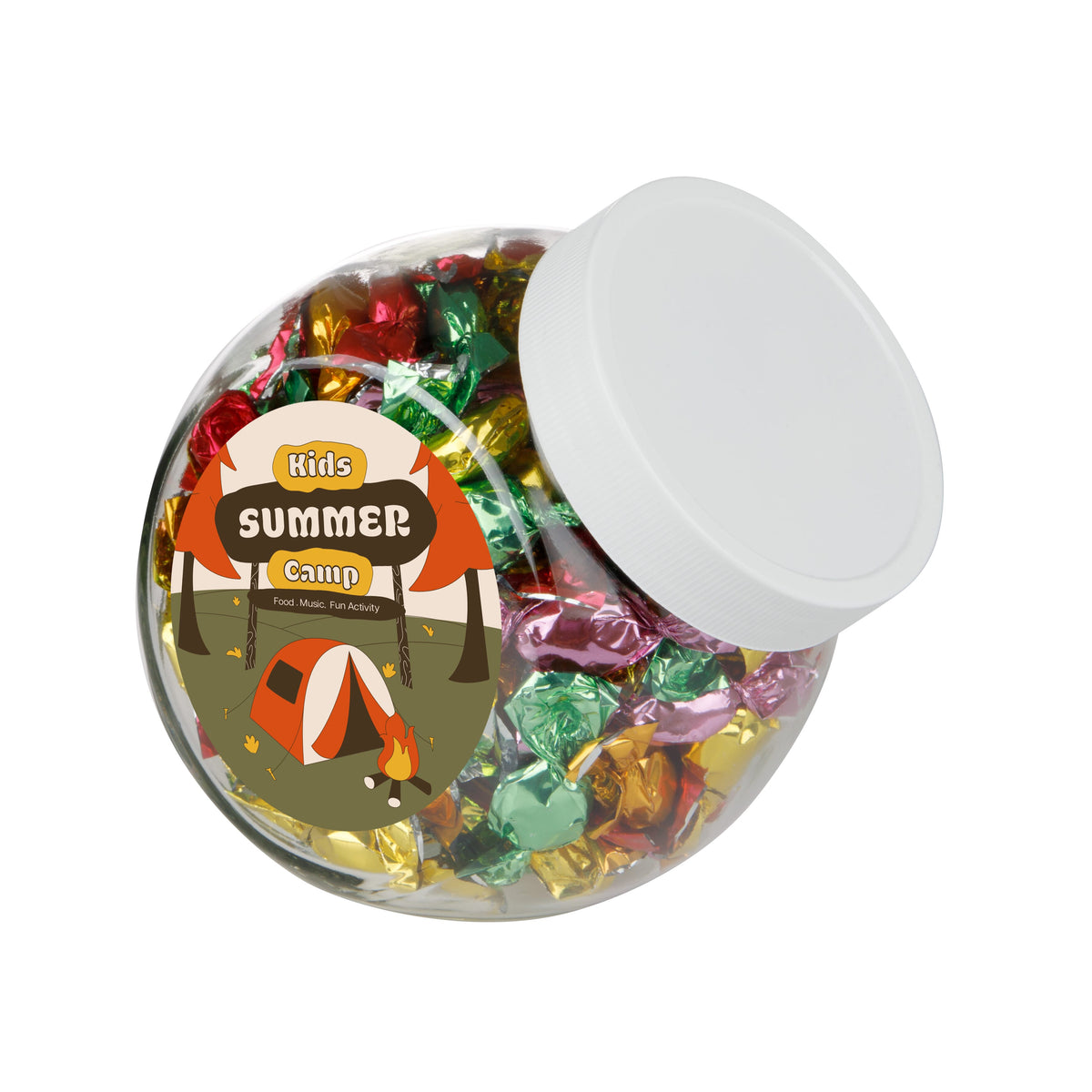 Middelgrote glazen snoeppot van 0,9 liter met wit deksel, gevuld met snoep en met logosticker op de voorkant: Metallic sweets / Wit