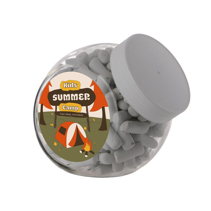 Middelgrote glazen snoeppot van 0,9 liter met wit deksel, gevuld met snoep en met logosticker op de voorkant: Schoolkrijt / Wit