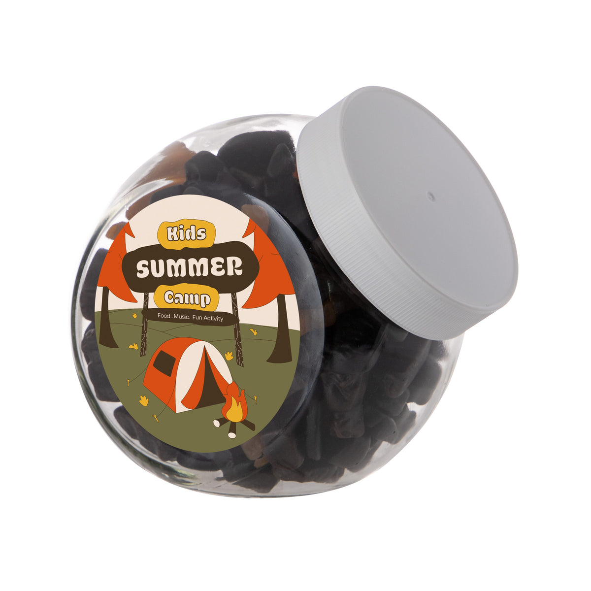 Middelgrote glazen snoeppot van 0,9 liter met wit deksel, gevuld met snoep en met logosticker op de voorkant: Gemengd Drop / Wit