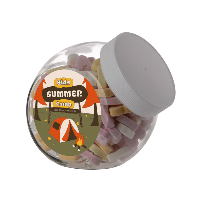Middelgrote glazen snoeppot van 0,9 liter met wit deksel, gevuld met snoep en met logosticker op de voorkant: Vruchtenhartjes / Wit