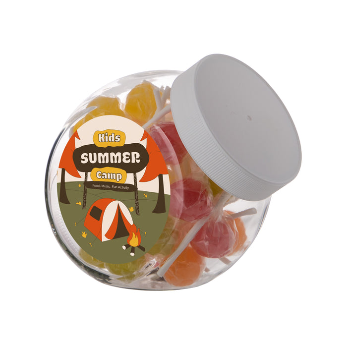 Middelgrote glazen snoeppot van 0,9 liter met wit deksel, gevuld met snoep en met logosticker op de voorkant: Lolly mix / Wit