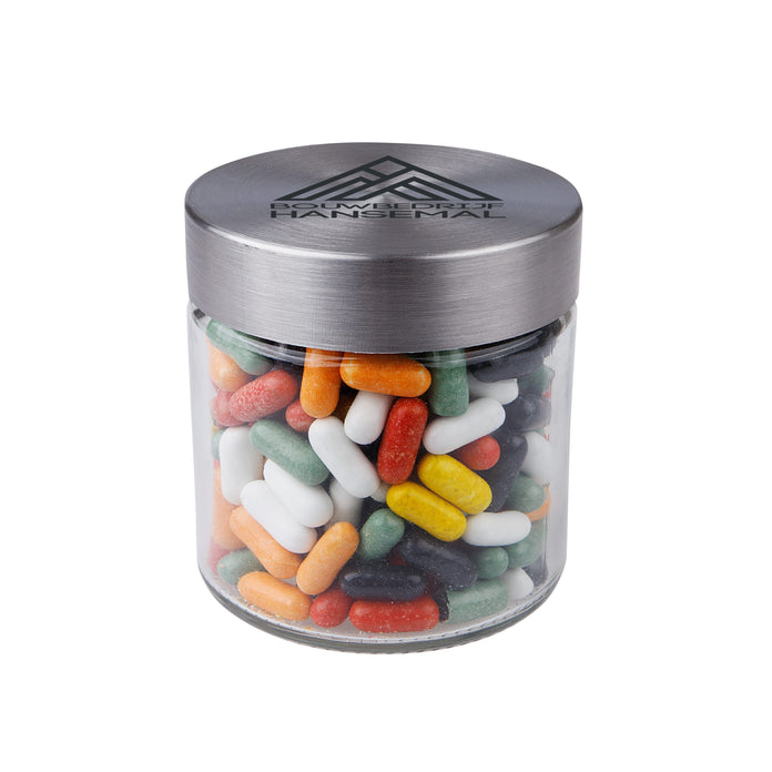 Glazen snoeppot van 0,35 liter met RVS deksel met logo in full colour, gevuld met snoep