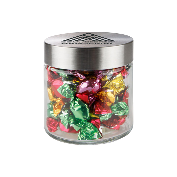 Glazen snoeppot van 0,35 liter met RVS deksel met logo in full colour, gevuld met snoep: Metallic sweets