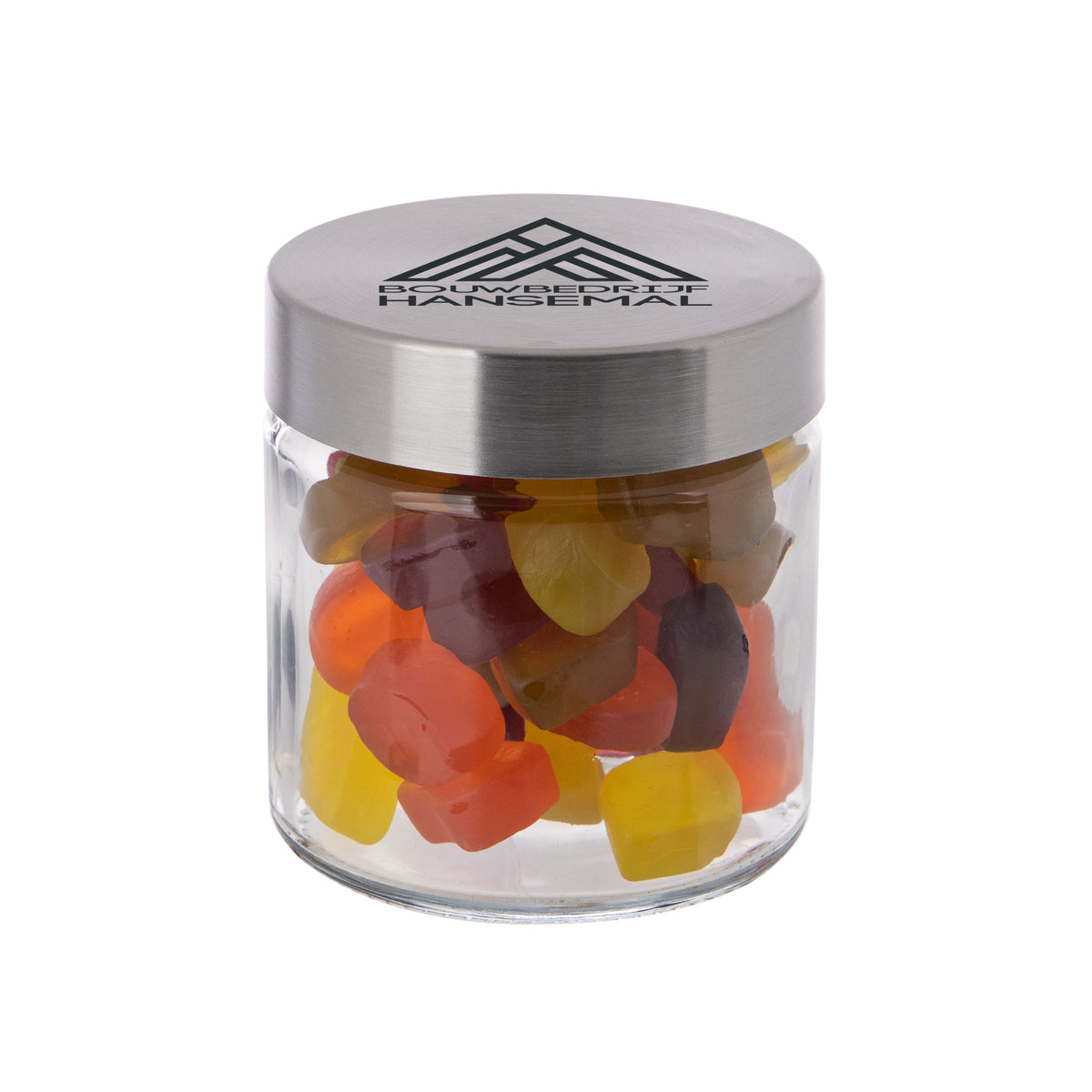 Glazen snoeppot van 0,35 liter met RVS deksel met logo in full colour, gevuld met snoep: Winegums