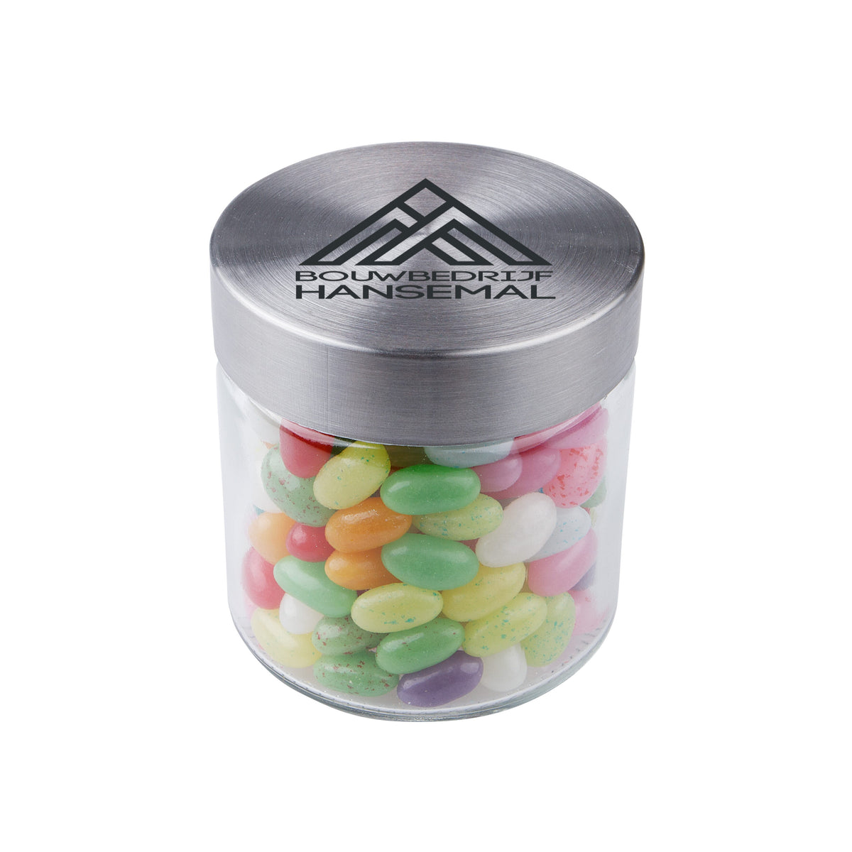 Glazen snoeppot van 0,35 liter met RVS deksel met logo in full colour, gevuld met snoep: Jelly beans