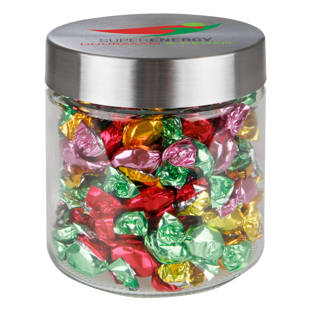 Glazen snoeppot van 0,9 liter met RVS deksel waarop een logo is gedrukt, gevuld met snoep: Metallic sweets
