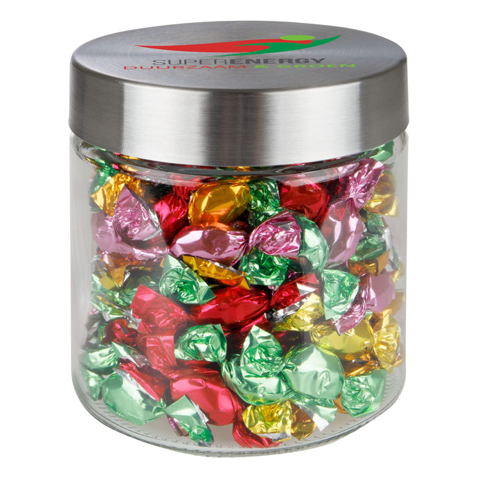 Glazen snoeppot van 0,9 liter met RVS deksel waarop een logo is gedrukt, gevuld met snoep: Metallic sweets