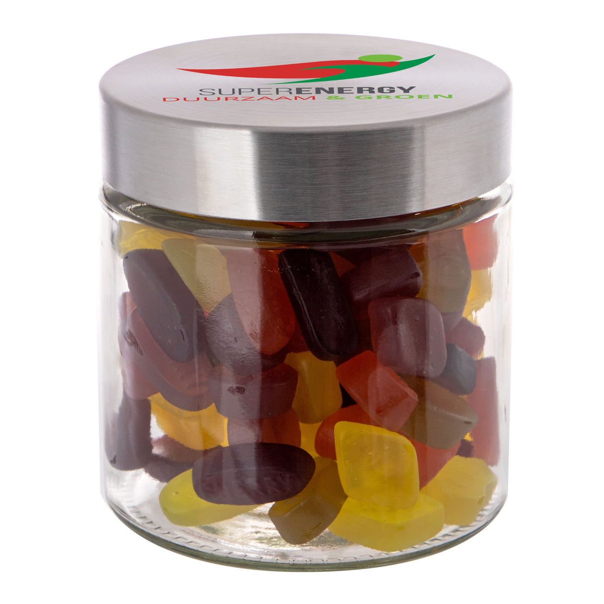 Glazen snoeppot van 0,9 liter met RVS deksel waarop een logo is gedrukt, gevuld met snoep: Winegums