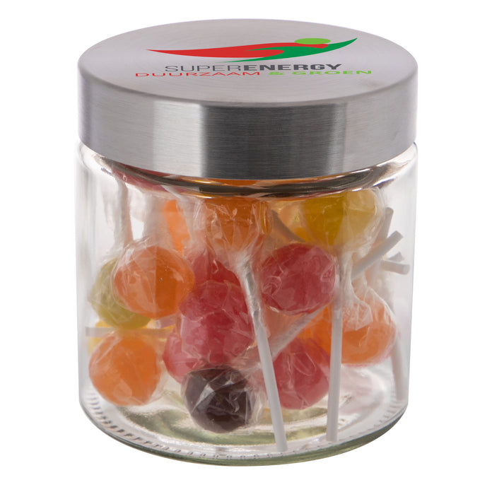 Glazen snoeppot van 0,9 liter met RVS deksel waarop een logo is gedrukt, gevuld met snoep: Lolly mix