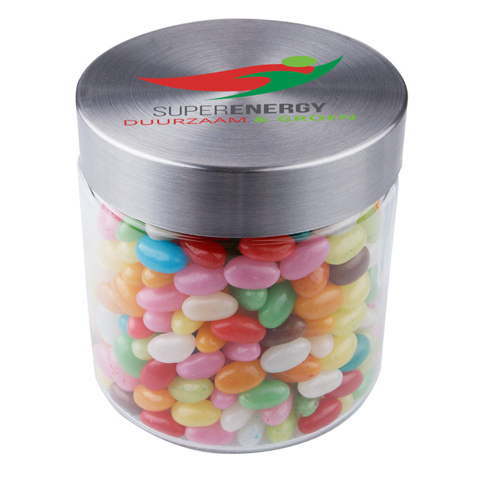 Glazen snoeppot van 0,9 liter met RVS deksel waarop een logo is gedrukt, gevuld met snoep: Jelly beans