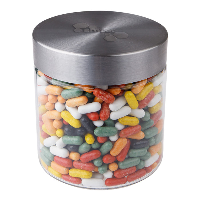 Glazen snoeppot van 0,9 liter met RVS deksel met logo in embossing, gevuld met snoep