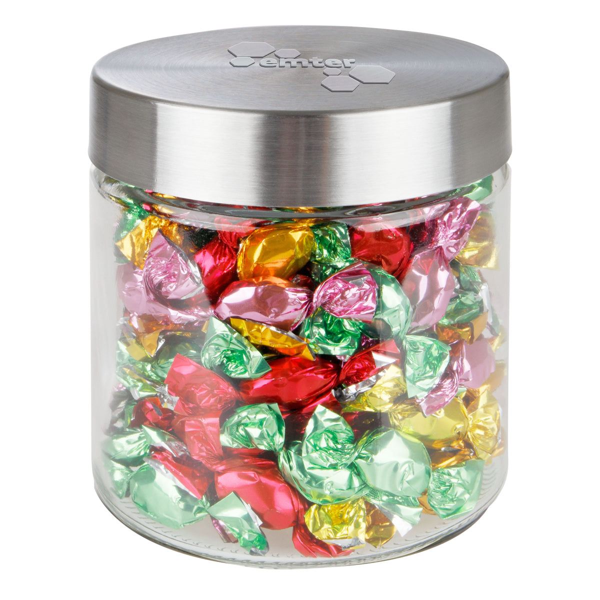 Glazen snoeppot van 0,9 liter met RVS deksel met logo in embossing, gevuld met snoep: Metallic sweets