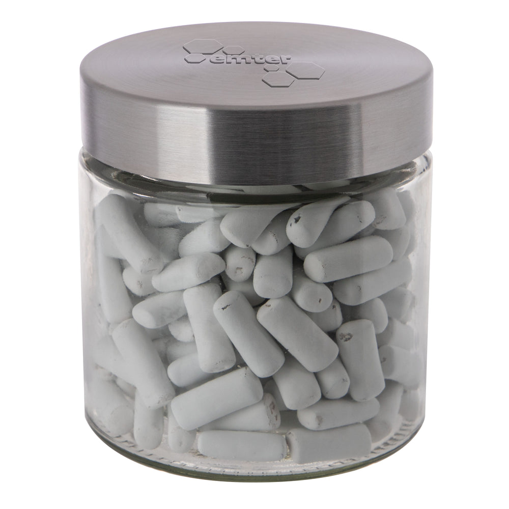 Glazen snoeppot van 0,9 liter met RVS deksel met logo in embossing, gevuld met snoep: Schoolkrijt