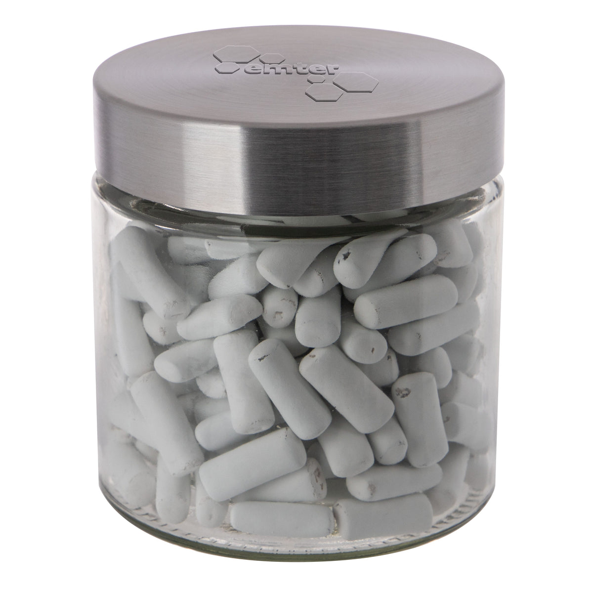 Glazen snoeppot van 0,9 liter met RVS deksel met logo in embossing, gevuld met snoep: Schoolkrijt