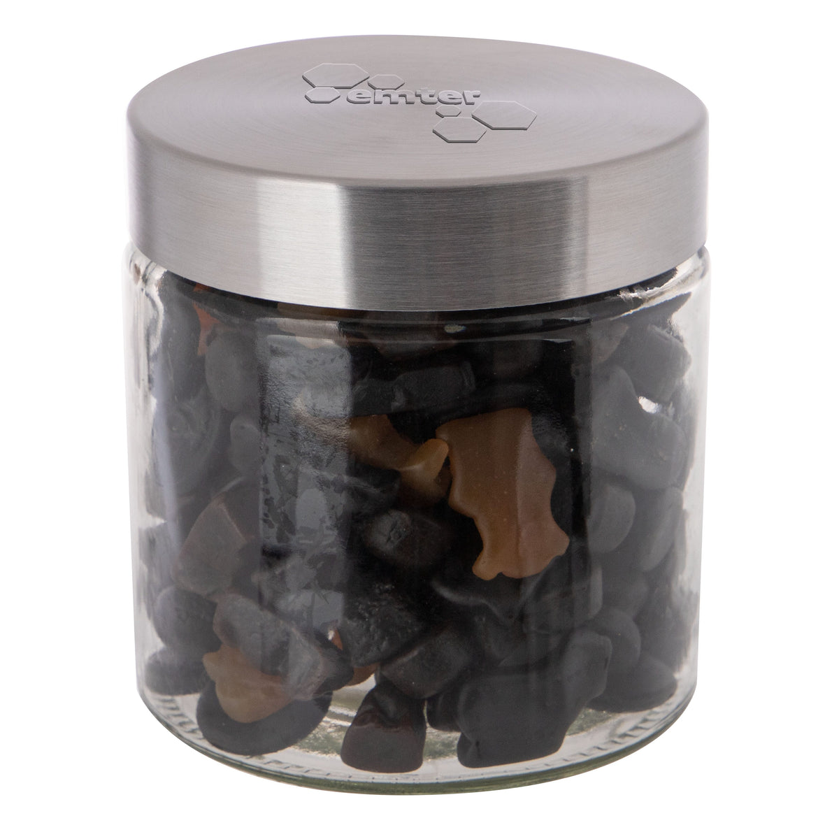 Glazen snoeppot van 0,9 liter met RVS deksel met logo in embossing, gevuld met snoep: Gemengd Drop