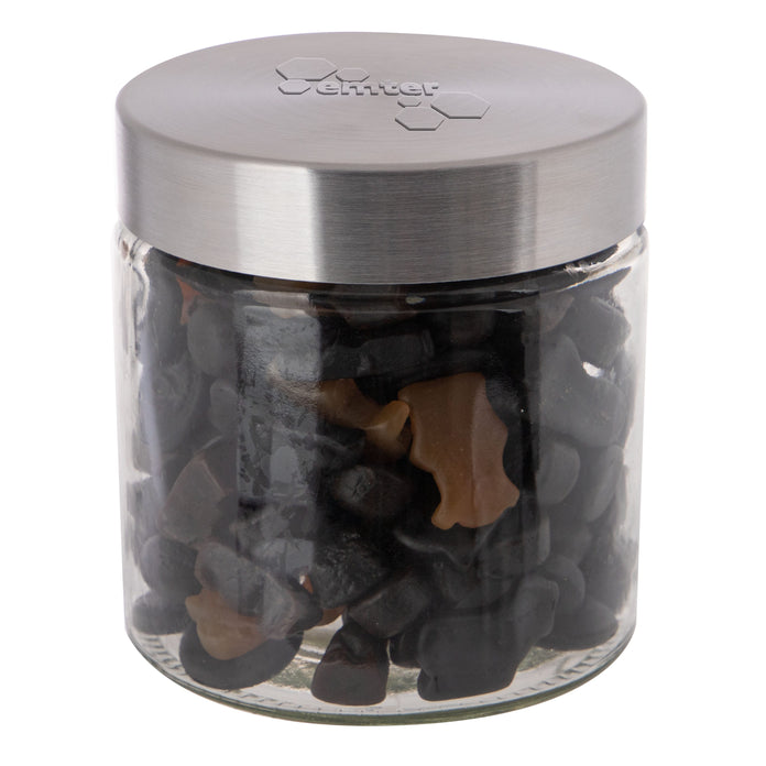 Glazen snoeppot van 0,9 liter met RVS deksel met logo in embossing, gevuld met snoep: Gemengd Drop