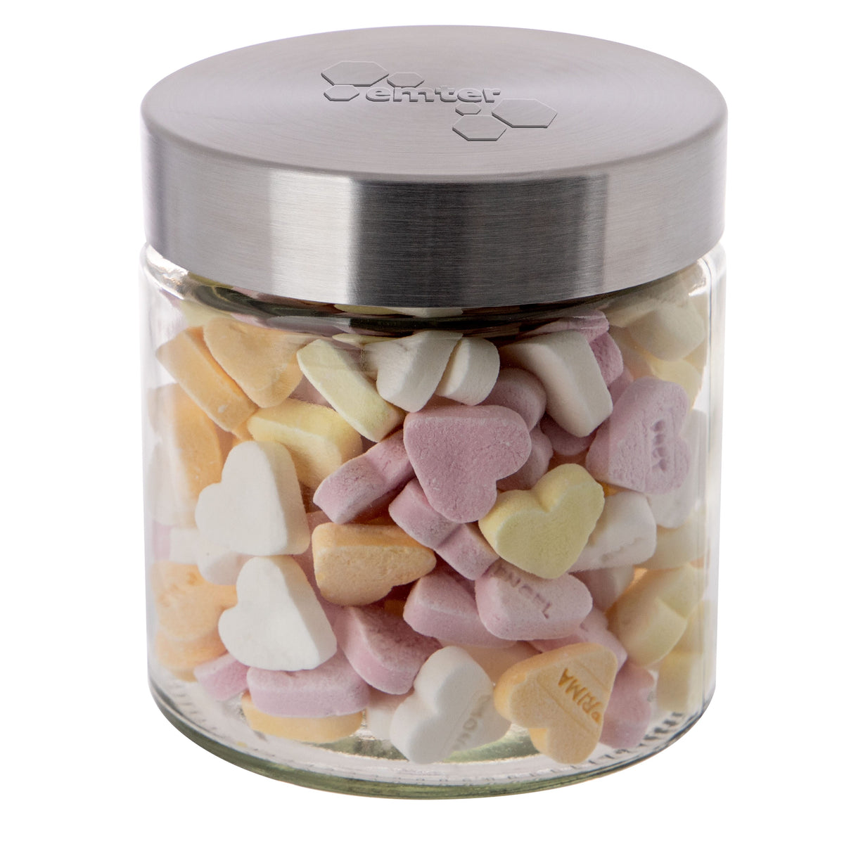 Glazen snoeppot van 0,9 liter met RVS deksel met logo in embossing, gevuld met snoep: Vruchtenhartjes