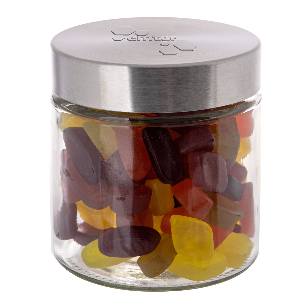Glazen snoeppot van 0,9 liter met RVS deksel met logo in embossing, gevuld met snoep: Winegums
