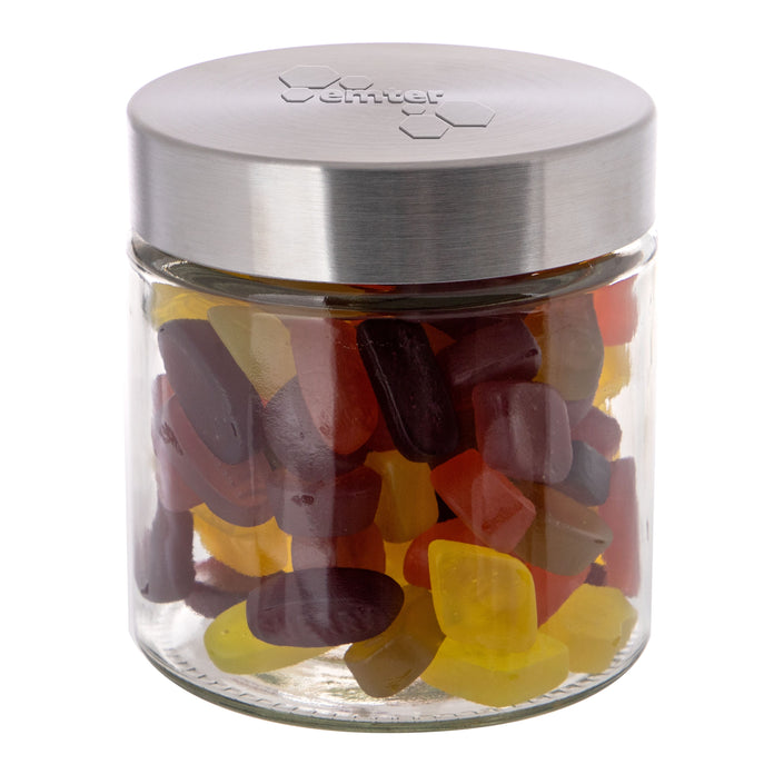Glazen snoeppot van 0,9 liter met RVS deksel met logo in embossing, gevuld met snoep: Winegums