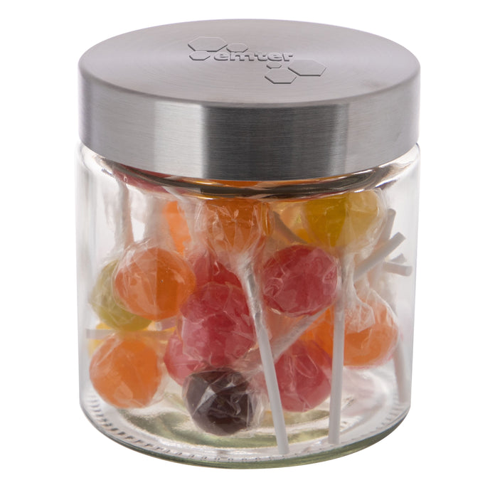 Glazen snoeppot van 0,9 liter met RVS deksel met logo in embossing, gevuld met snoep: Lolly mix