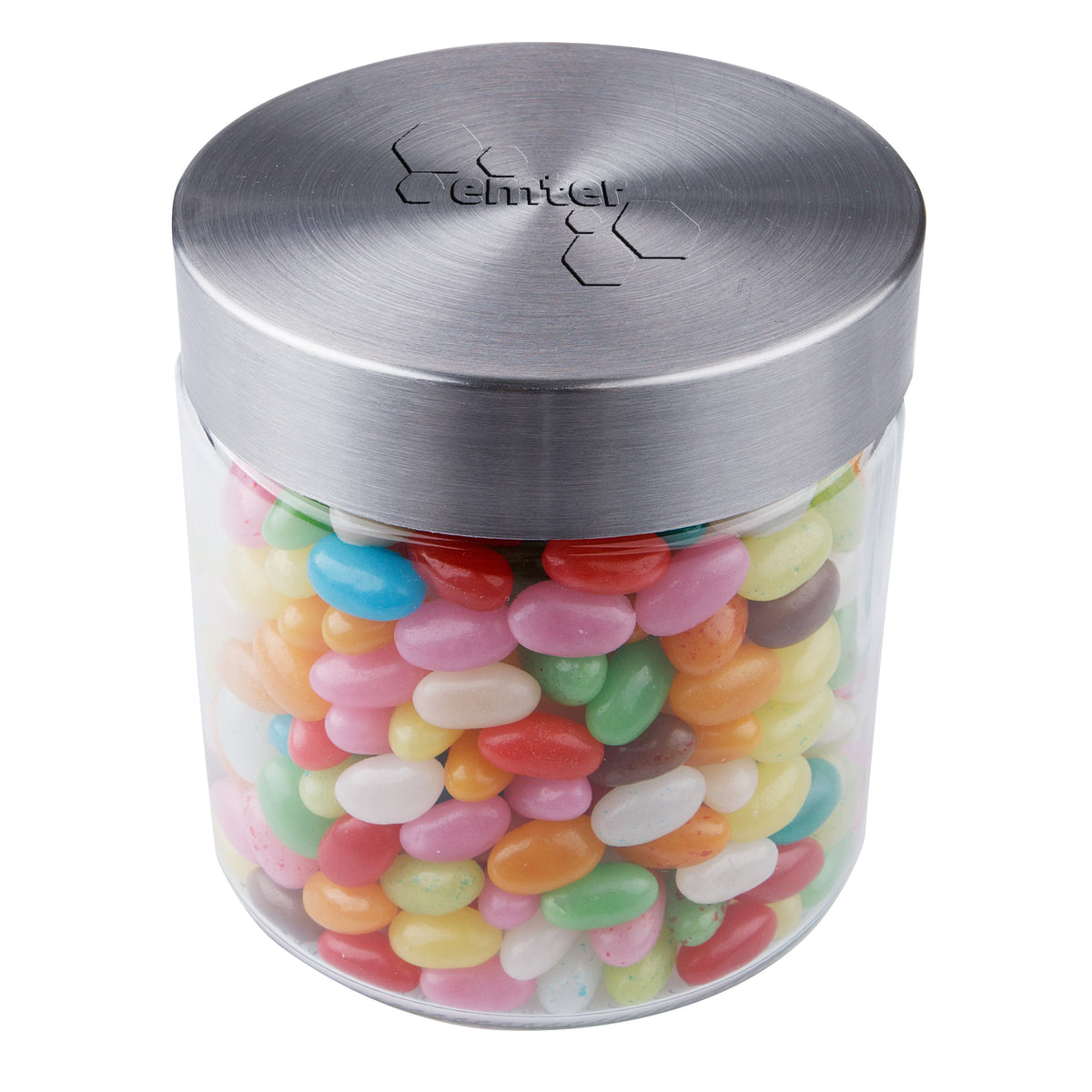 Glazen snoeppot van 0,9 liter met RVS deksel met logo in embossing, gevuld met snoep: Jelly beans