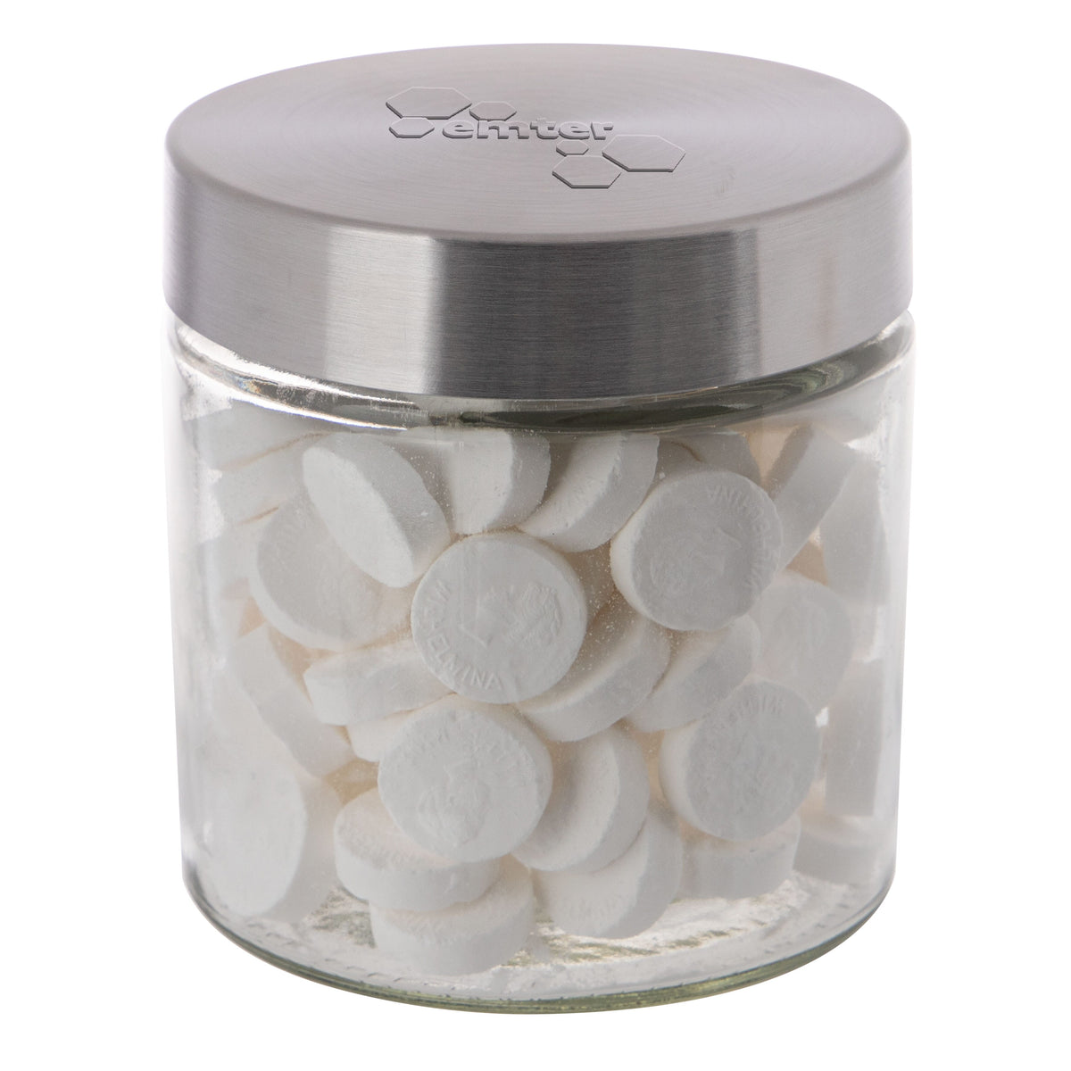 Glazen snoeppot van 0,9 liter met RVS deksel met logo in embossing, gevuld met snoep: Wilhelmina pepermunt