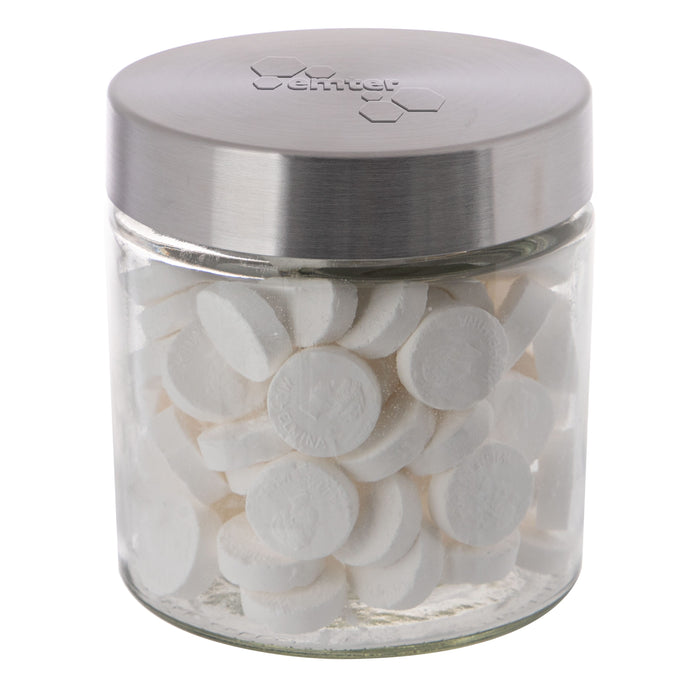 Glazen snoeppot van 0,9 liter met RVS deksel met logo in embossing, gevuld met snoep: Wilhelmina pepermunt