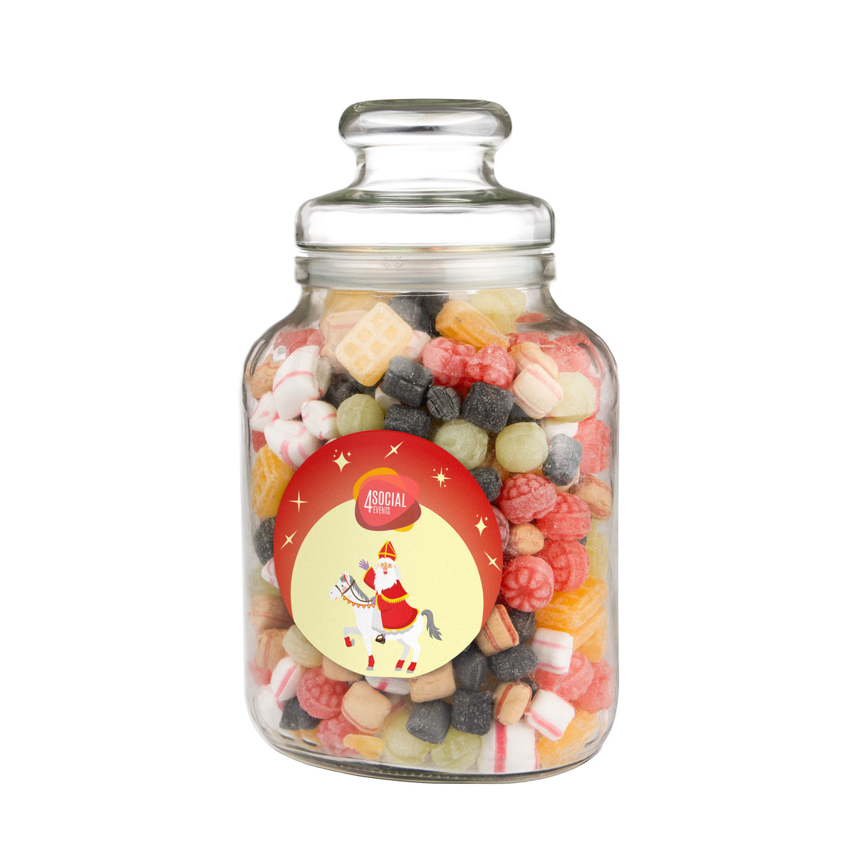 Hoge nostalgische glazen snoeppot gevuld met snoep, met een ronde sticker met logo op de voorzijde: Oud Hollandse mix