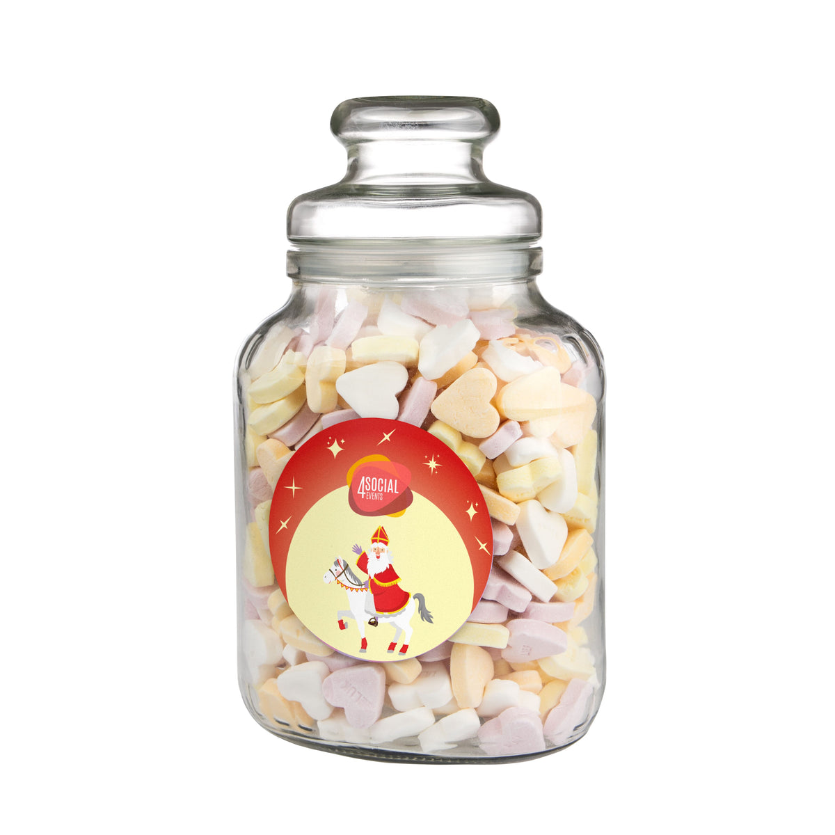 Hoge nostalgische glazen snoeppot gevuld met snoep, met een ronde sticker met logo op de voorzijde: Vruchtenhartjes