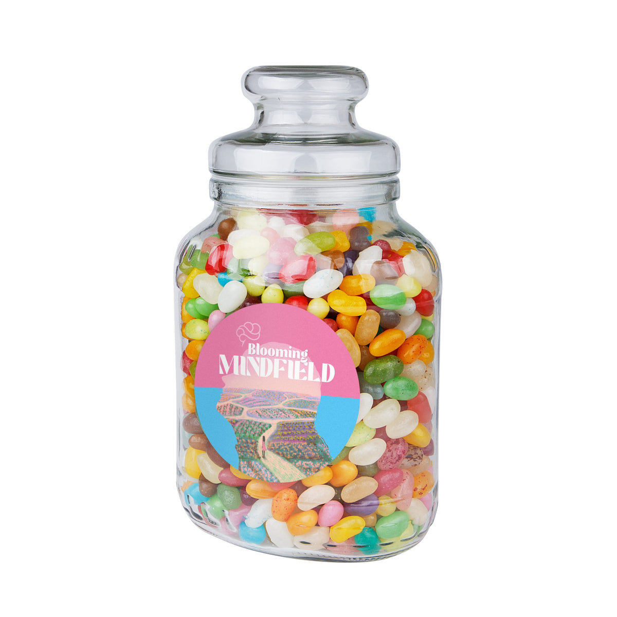 Hoge nostalgische glazen snoeppot gevuld met snoep, met een ronde sticker met logo op de voorzijde: Jelly beans
